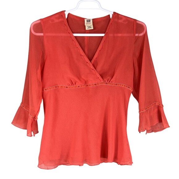 Y2K 90s Babydoll Top Womens L Red Chiffon Blouse 3/4 Bell Sleeve Sheer Ruffle - Picture 2 of 15